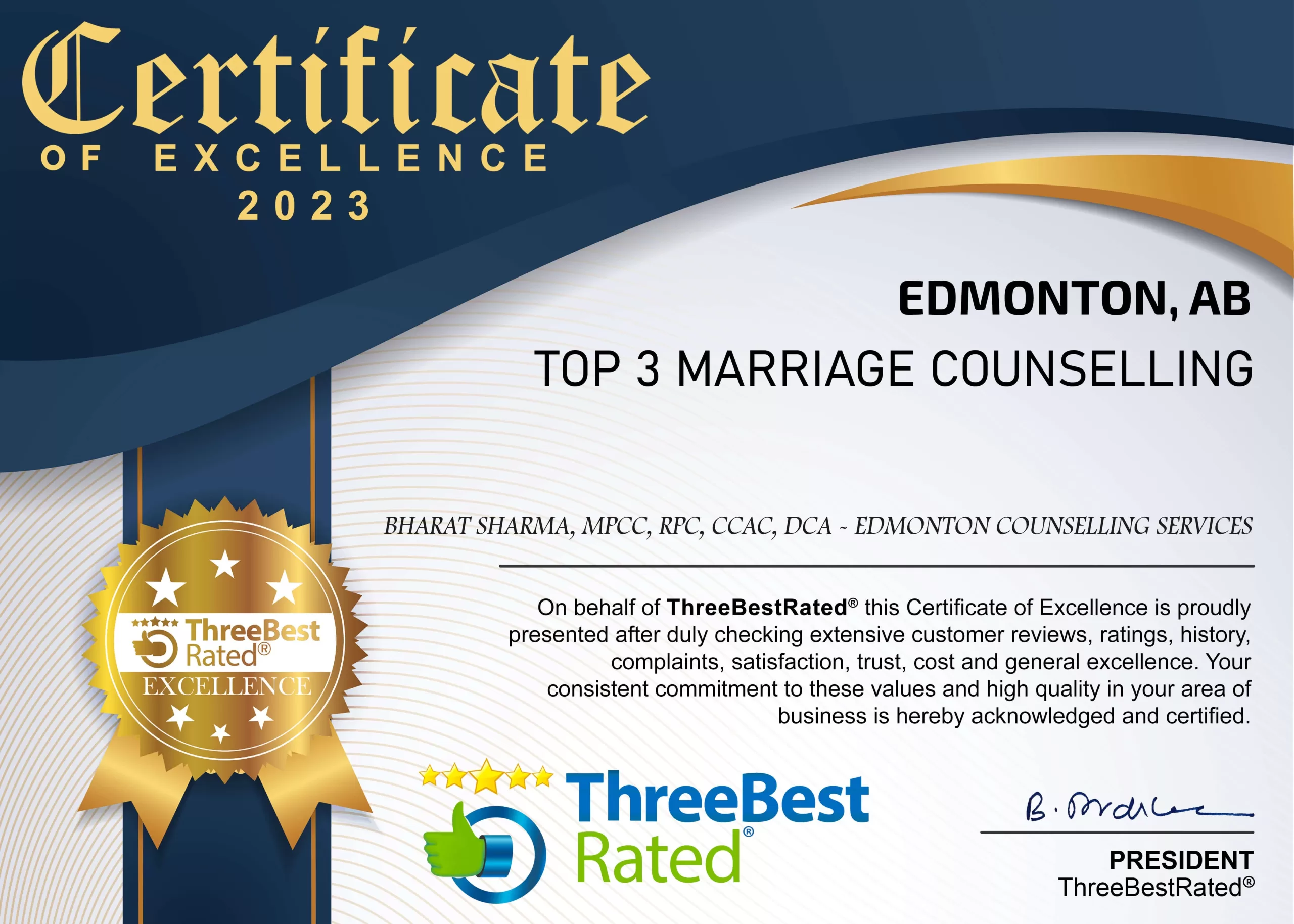 ThreeBest rated therapist award Edmonton