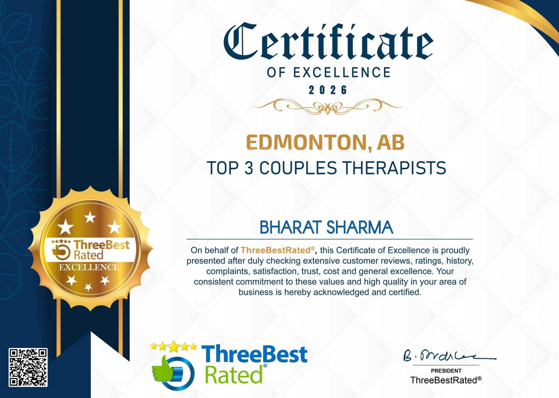 Certificate of Excellence 2026 for Edmonton Couples Therapist